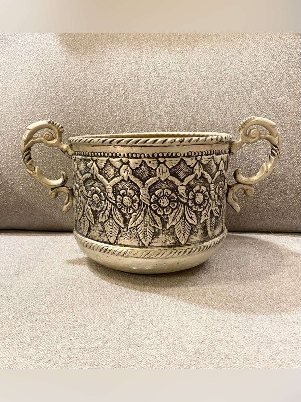 6.5” Vintage Silver Over Brass Floral Repousse Handled Planter Pot Made in India
